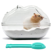 Clear hamster sand bath container with tan hamster inside and teal scooper below on white background