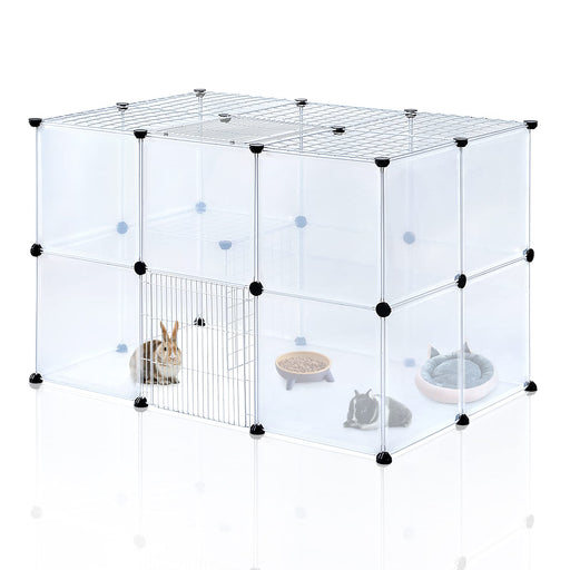 Clear modular pet playpen with wire door panel, two rabbits inside with food and water bowls