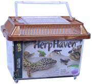 Clear plastic reptile carrier with brown ventilated lid and gecko/snake images on packaging
