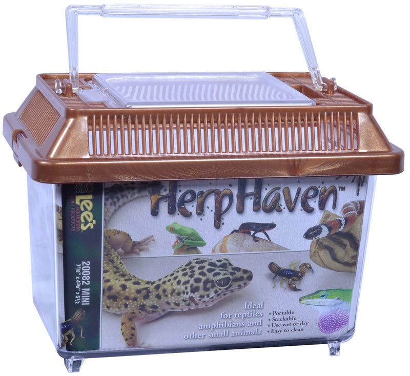 Clear plastic reptile carrier with brown ventilated lid and gecko/snake images on packaging