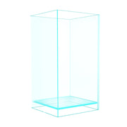 Clear rimless aquarium tank shown from diagonal perspective with transparent glass walls
