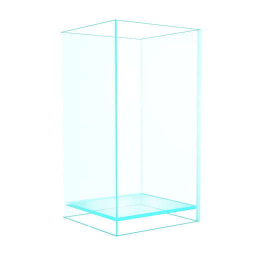 Clear glass rimless aquarium tank shown empty from front angle with transparent walls and base