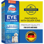 Cliny eye cleaner product box showing panthenol with silver ions formula for cats and dogs