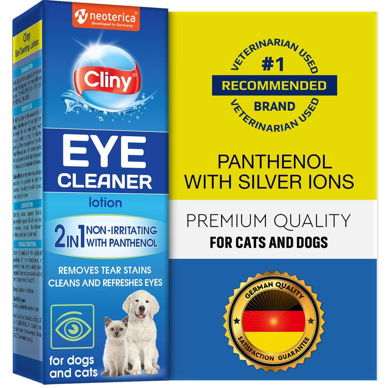 Cliny eye cleaner product box showing panthenol with silver ions formula for cats and dogs