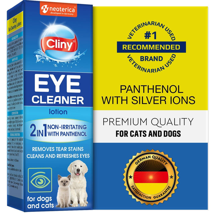 Cliny eye cleaner product box showing panthenol with silver ions formula for cats and dogs