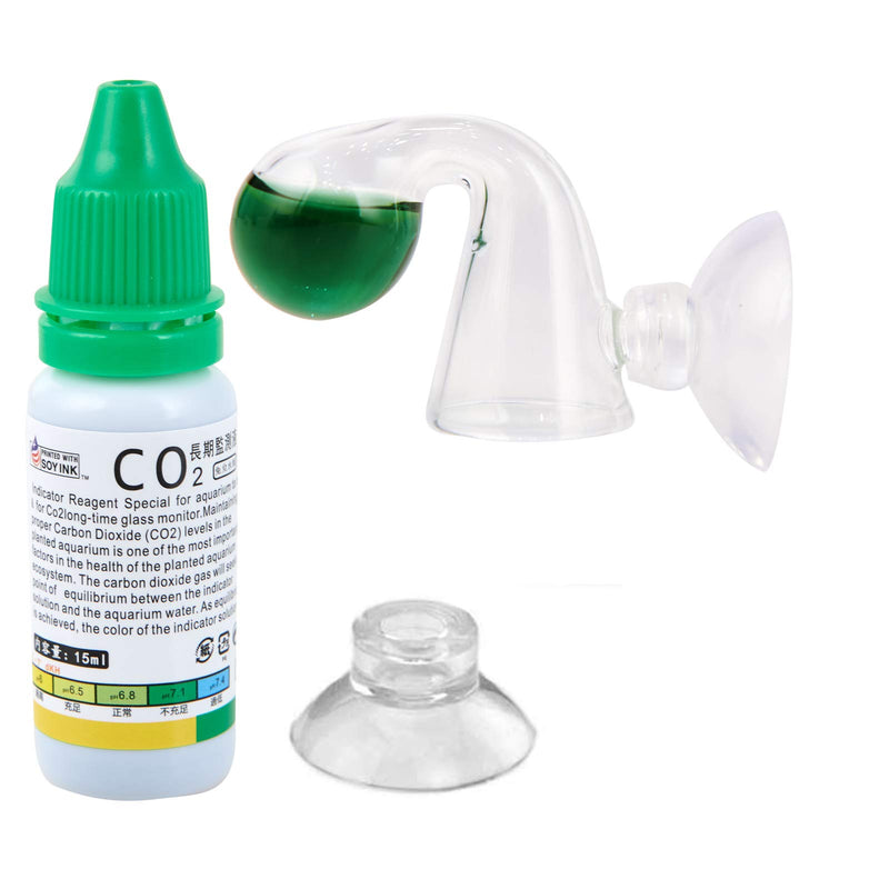 CO2 drop checker kit with green indicator solution bottle and clear glass checker components