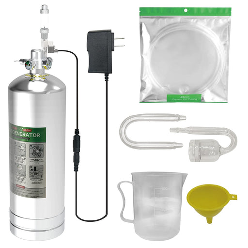 Complete CO2 generator system with silver tank, power adapter, tubing, measuring cup and funnel