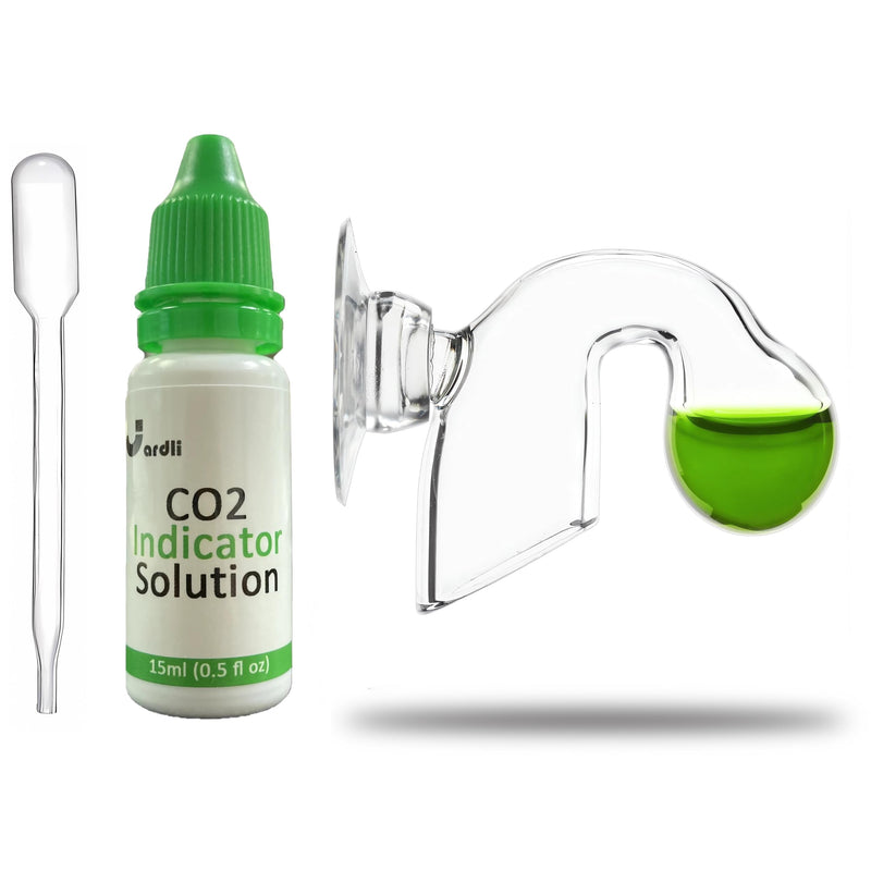 CO2 drop checker kit with glass checker, indicator solution bottle, and dropper on white background
