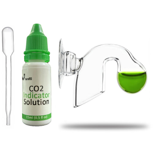CO2 drop checker kit with glass checker, indicator solution bottle, and dropper on white background