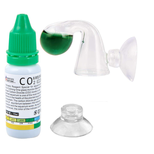 CO2 drop checker kit with reagent bottle, glass checker with green solution, and suction cup