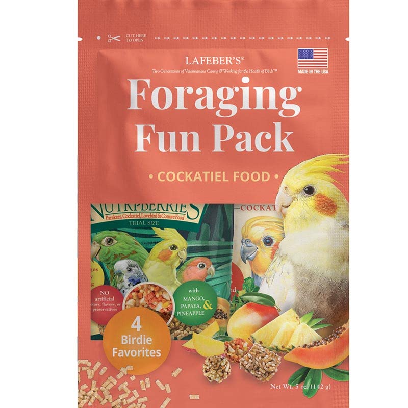 Lafeber's Foraging Fun Pack cockatiel food package in coral red with yellow cockatiel and fruits