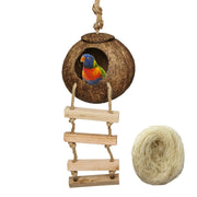Coconut bird house with colorful parrot inside and rope ladder, plus hemp nesting material ball