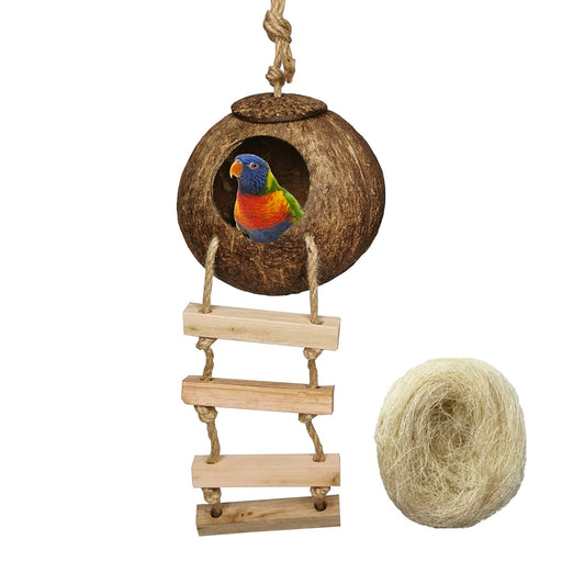 Coconut bird house with colorful parrot inside and rope ladder, plus hemp nesting material ball