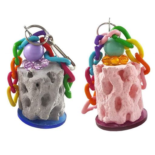 Two colorful calcium chew stones for birds - gray and pink pumice blocks with rainbow chains