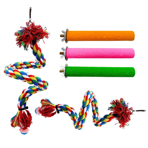 Colorful bird toy set with rope perches, textured cylinders in orange pink green, and rope toys
