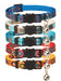 Five colorful bohemian cat collars with cat face buckles and silver bells arranged vertically