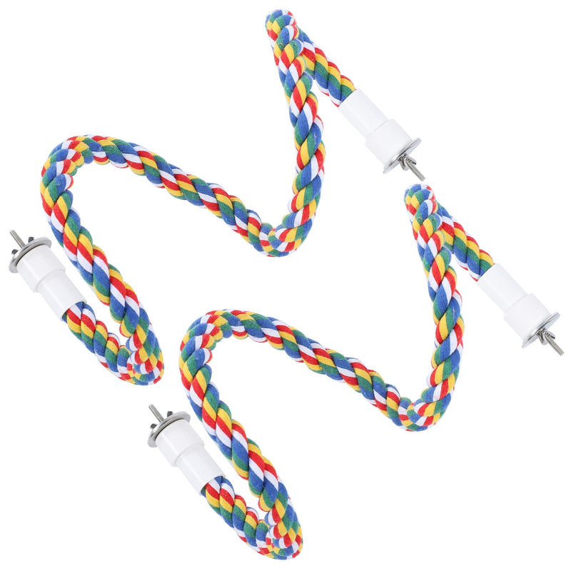 Three colorful braided cotton rope bird perches with white plastic clips in spiral shapes