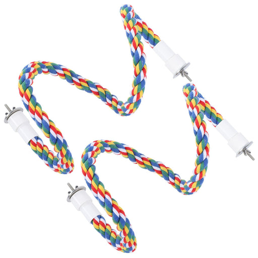 Three colorful braided cotton rope bird perches with white plastic clips in spiral shapes
