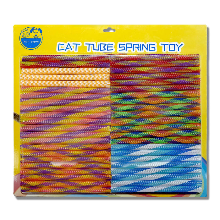 Colorful cat spring coil toys in retail packaging showing rainbow mesh tubes in yellow blister pack