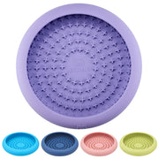 Purple dog lick bowl with cross-pattern texture shown with four color variations below