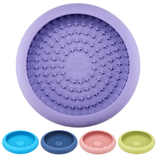 Purple dog lick bowl with cross-pattern texture shown with four color variations below