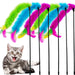 Six colorful feather cat wands in green, blue, and pink with excited gray tabby kitten