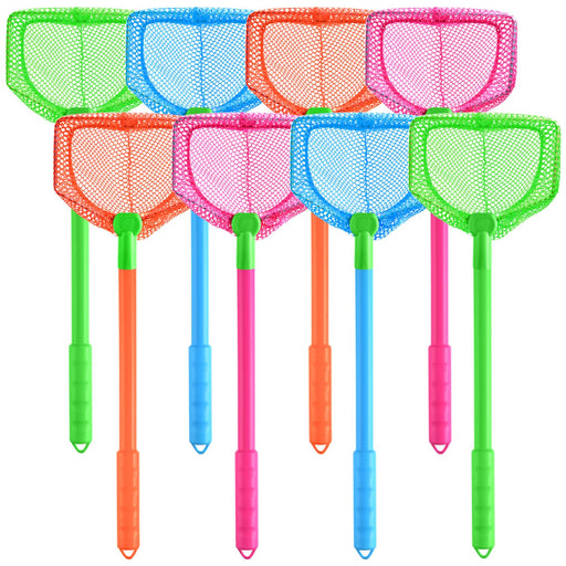 Eight colorful mesh bug catching nets with telescoping handles in green, blue, orange and pink
