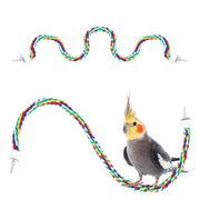 Colorful braided rope bird perch with cockatiel demonstrating flexible spiral swing design