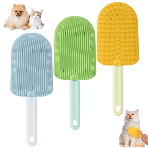 Three colorful silicone pet grooming brushes in blue, green, and yellow with textured surfaces