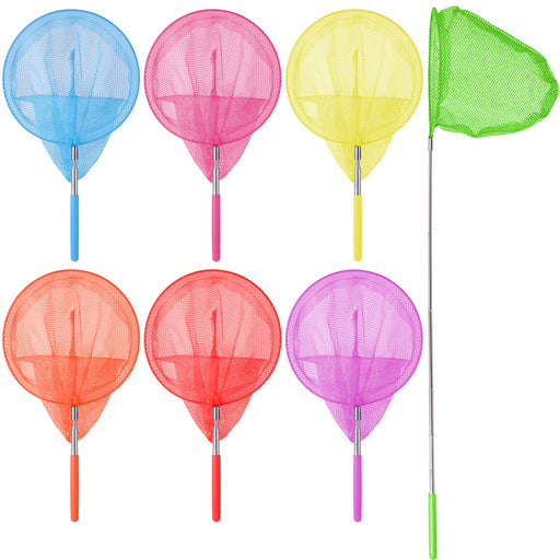 Seven colorful telescopic fishing nets with mesh heads in blue, pink, yellow, orange, red,