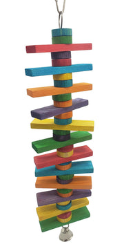 Colorful wooden bird toy with stacked rectangular blocks and round pieces in vibrant colors