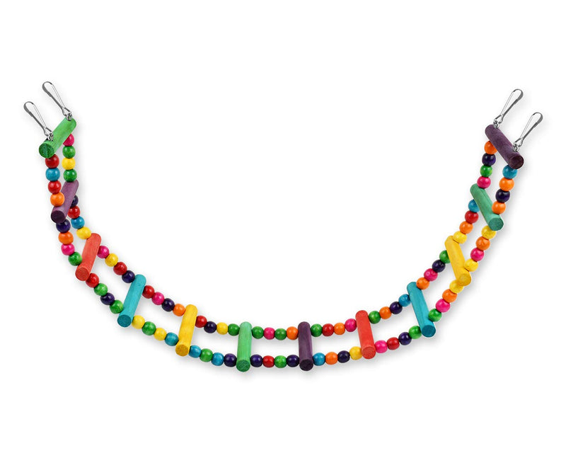 Colorful wooden bird swing with rainbow beads and cylindrical perches on metal clips