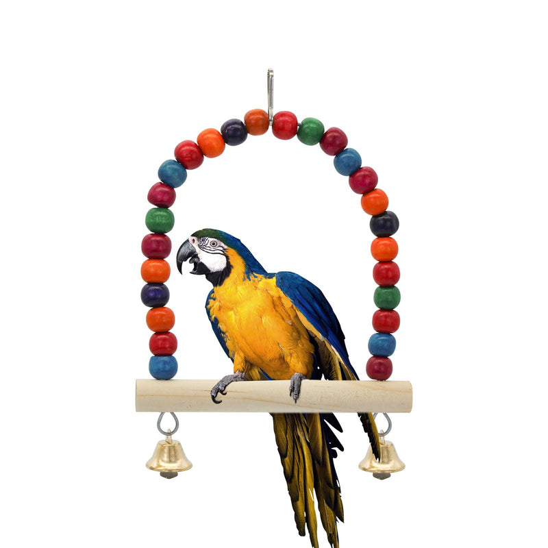 Blue and yellow macaw perched on colorful wooden bead swing with bells against white background
