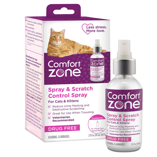 Comfort Zone spray bottle and packaging box featuring orange tabby cat, purple branding