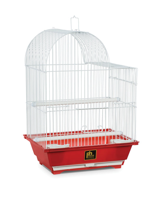 Red bird cage with white wire dome top and perches, front view on white background