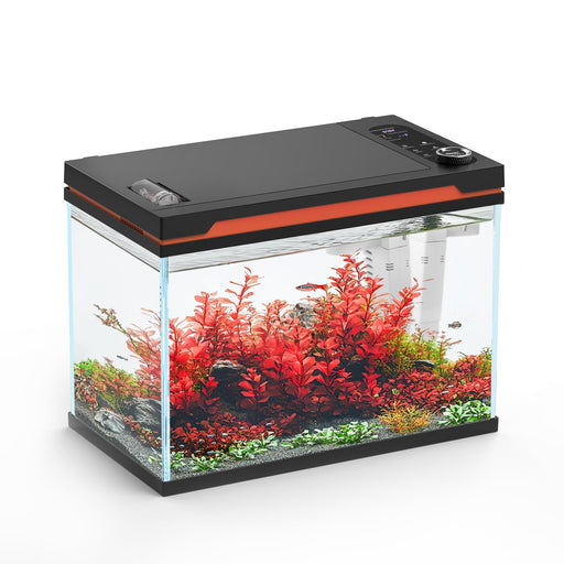 Complete 6-gallon aquarium kit with red aquatic plants, clear glass tank, and black control lid