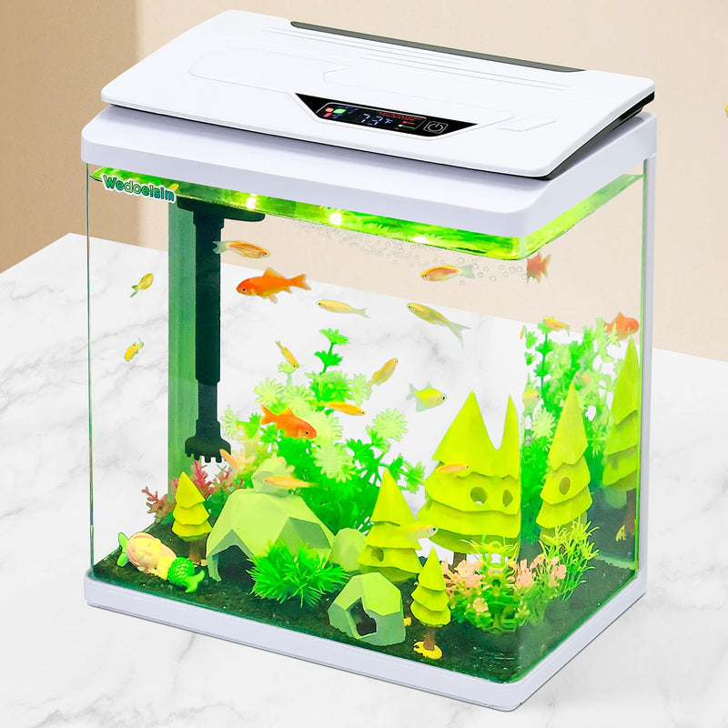 White 3 gallon LED aquarium with colorful fish, green plants and digital display on top