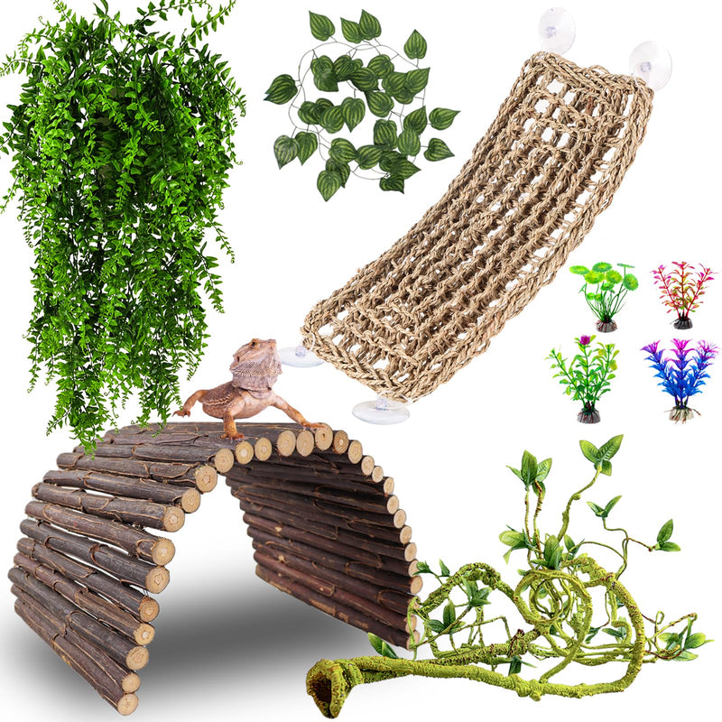 Bearded dragon terrarium decor set with wooden bridge, artificial plants, and rope hammock