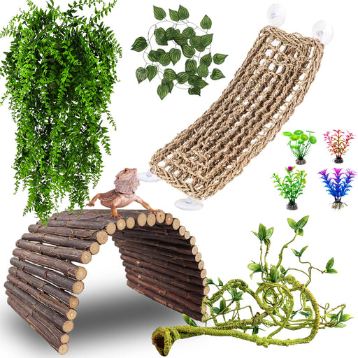 Bearded dragon terrarium decor set with wooden bridge, artificial plants, and rope hammock