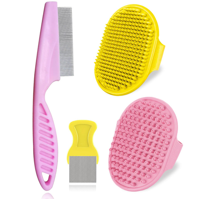 Four colorful pet grooming tools including pink flea comb, yellow brush, and massage mitts