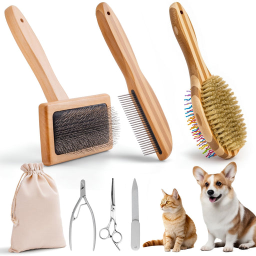 Seven piece dog grooming kit with wooden brushes, nail clippers, scissors and storage bag