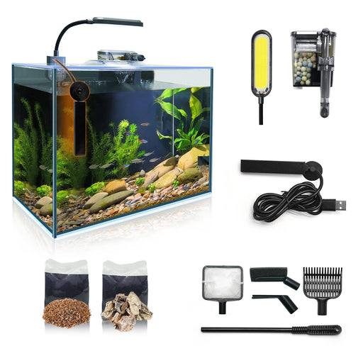 Complete 3-gallon fish tank kit with planted aquarium and accessories including filter, light,