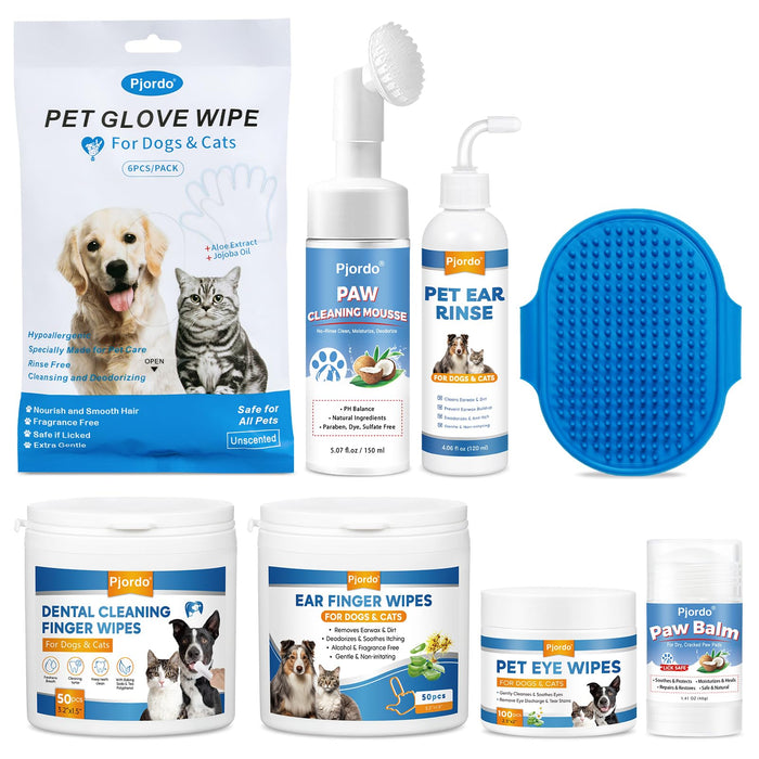 Complete pet grooming kit with blue Pjordo branded products including wipes, sprays, and brushes