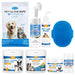 Complete pet grooming kit with blue Pjordo branded products including wipes, sprays, and brushes
