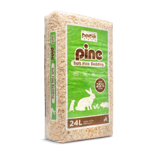 Compressed pine bedding package with green label showing rabbits and 24L volume marking