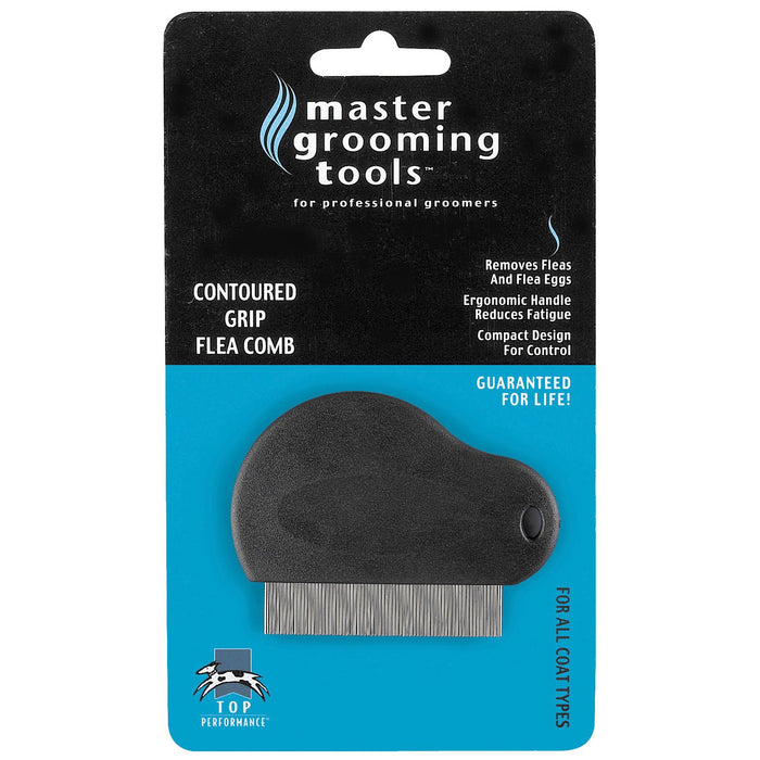 Master Grooming Tools contoured grip flea comb in black retail packaging with blue section