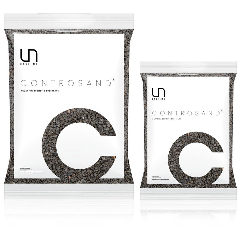 Two white packages of UNI Systems Controlsand aquarium substrate showing different sizes