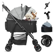Gray pet stroller with three small dogs inside, showing convertible canopy and wheel details