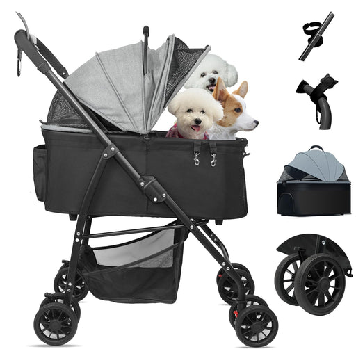 Gray pet stroller with three small dogs inside, showing convertible canopy and wheel details
