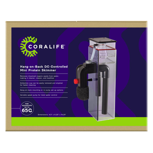 Coralife protein skimmer product box showing purple packaging with clear skimmer device image